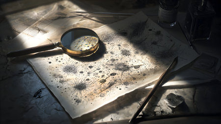 Magnifying glass and old book on a table in a dark roomの素材