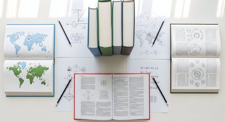 Top view of a stack of books with a map on the tableの素材