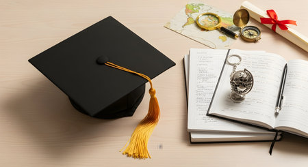 Graduation cap, diploma, compass and books on a wooden tableの素材