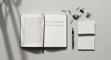 Notebook and stationery on a gray background. Top view.の素材