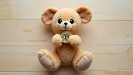 Teddy bear with bitcoin coin on wooden background. Cryptocurrency concept.の素材