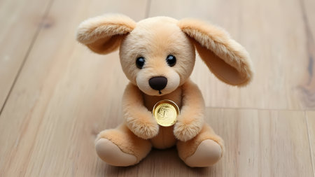 Cute teddy bear with golden coin on wooden floor background.の素材