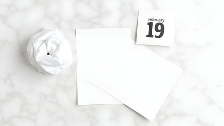 Blank greeting card with crumpled paper and calendar datele tableの素材