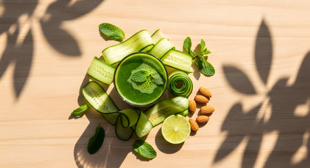 Green detox smoothie with cucumber, lime, mint and almond on wooden backgroundの素材