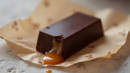 Piece of chocolate with caramel sauce, selective focus, close upの素材