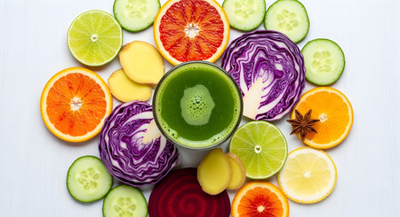 Healthy detox smoothie with fresh fruits and vegetables, top viewの素材