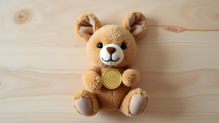 Teddy bear with gold coin on wooden background. Top view.の素材