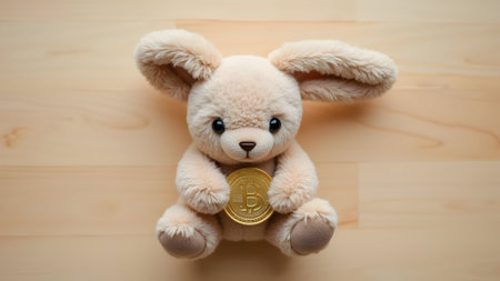 Teddy bear with golden bitcoin coin on wooden background, top viewの素材