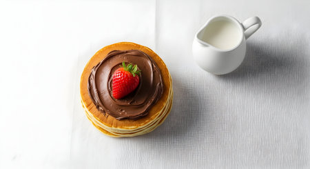 Chocolate pancake with strawberry and milk on white tablecloth.の素材