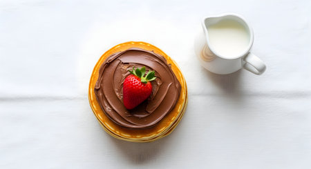 Pancake with chocolate cream and strawberry on a white background.の素材