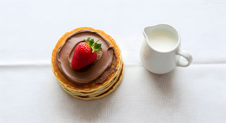 Pancakes with chocolate cream and strawberry on a white tableclothの素材