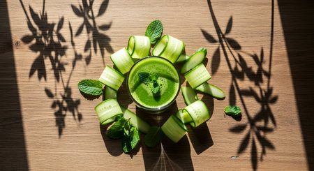 Green smoothie with cucumber and mint in glass on wooden tableの素材