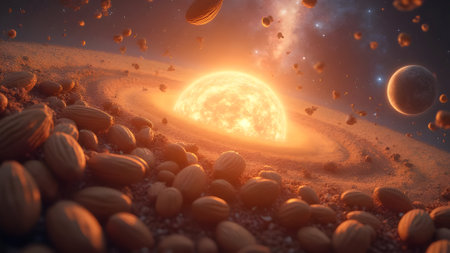 3d render of an alien planet with a sun in the backgroundの素材