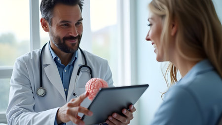 Doctor and patient discussing something while sitting at the table. Medicine and health care concept. Doctor and patientの素材