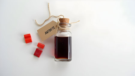 A bottle of vinegar on a white background with a label and red cubes.の素材
