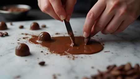 woman decorating chocolate candies, closeup of hands with brushの素材