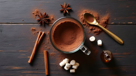Hot chocolate in a glass cup with cocoa powder, cinnamon and star anise on wooden backgroundの素材