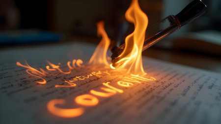 Burning flame of a fountain pen on an old book, close-upの素材