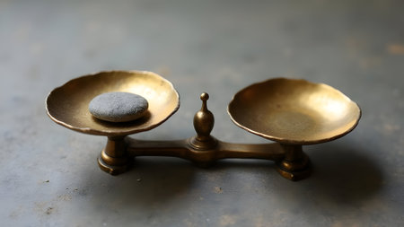 Vintage balance scale with stone on grunge background, copy spaceの素材