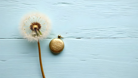 Beautiful dandelion flower and oil capsule on color wooden backgroundの素材