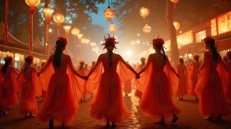Group of people in traditional chinese dresses walking in the street at nightの素材