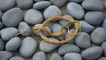 Wedding rings with a rope on the pebble backgroundの素材