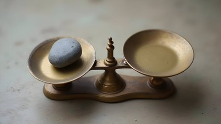 Old brass scales on a light background. Balance scale with stone.の素材