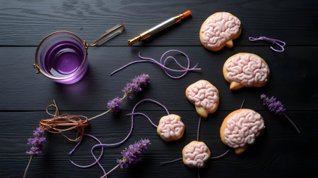 Lavender flowers and cookies in the shape of a human brain on a black wooden backgroundの素材
