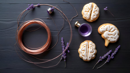 various kinds of lavender and human brain on black wooden backgroundの素材
