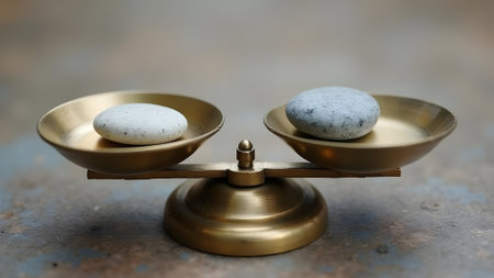 Closeup of balance scales with pebbles, shallow depth of fieldの素材
