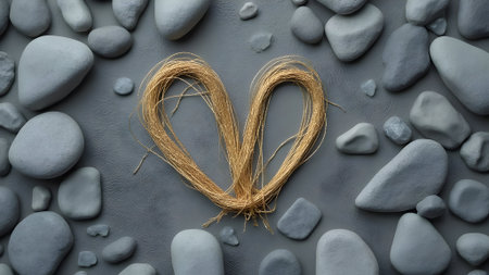 Heart made of a rope on a background of pebbles.の素材