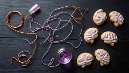 Cookies in the shape of a heart with a thread on a black backgroundの素材