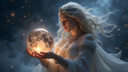 Beautiful woman in white dress holding moon in her hands. Fairy tale.の素材