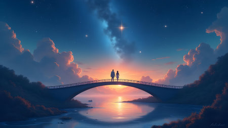 Man and woman standing on the bridge at sunset. 3d renderingの素材