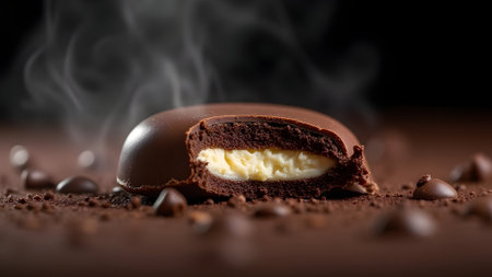 Chocolate with vanilla cream on a dark background. Shallow depth of fieldの素材