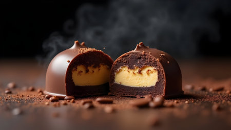 Chocolate truffle on a dark background. Selective focus.の素材