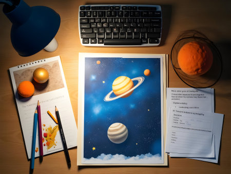 Top view of office table with notebook, pencils, planet and computer keyboardの素材