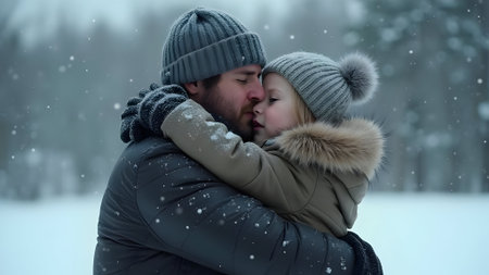 Young loving couple in the winter forest. A man and a woman kiss and hug each other.の素材