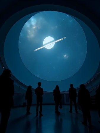 View of the moon from the window of a spaceship with people aroundの素材