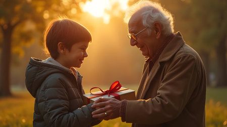 Grandfather and grandson holding a gift box in the park at sunsetの素材