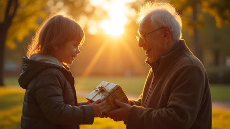 Little girl gives a gift to her grandfather in the park at sunsetの素材