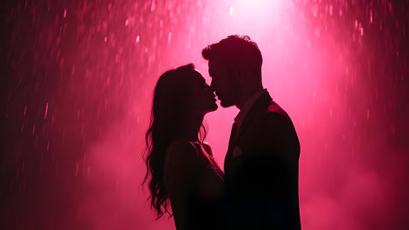Silhouette of a loving couple kissing under the rain on a dark backgroundの素材
