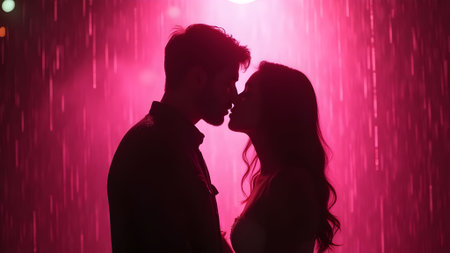 Silhouette of young couple kissing in the rain on a pink backgroundの素材