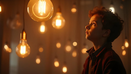 Portrait of a young boy in a room with light bulbs.の素材
