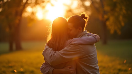 Young couple in love hugging and kissing in the park at sunset.の素材