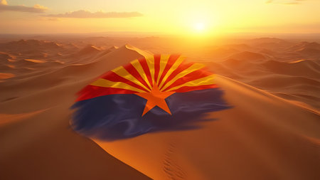 3d rendering of Arizona flag waving in the wind over a sunset backgroundの素材