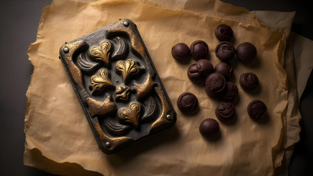 Chocolate truffles on a dark background. Toned.の素材