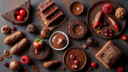 Chocolate desserts with berries on black background. Top view, flat layの素材