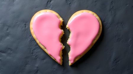 Broken heart-shaped cookies on a dark background, top viewの素材
