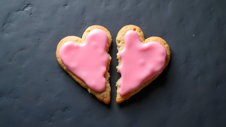 Two heart-shaped cookies with pink icing on a black background.の素材